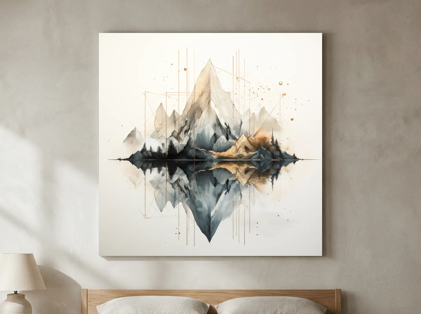 Geometric Watercolor Mountain Reflection Landscape - Modern Minimalist Wall Art