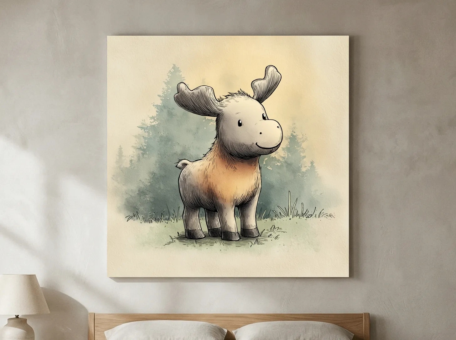 Cute Baby Moose Watercolor Illustration - Woodland Nursery Animal Wall Art