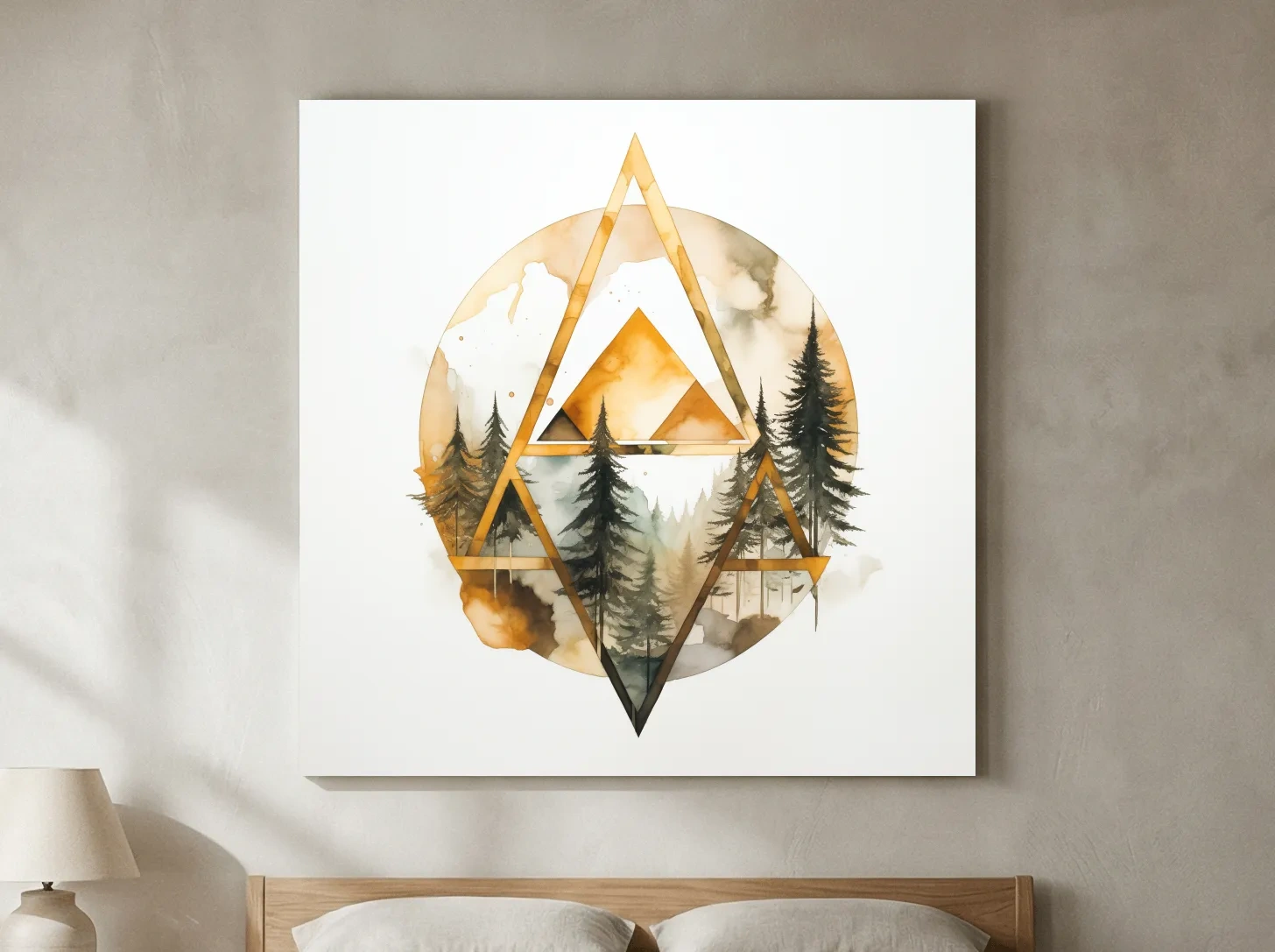 Rustic Elegant Watercolor Mountain Pine Forest - Abstract Golden Geometric Nature Wall Art