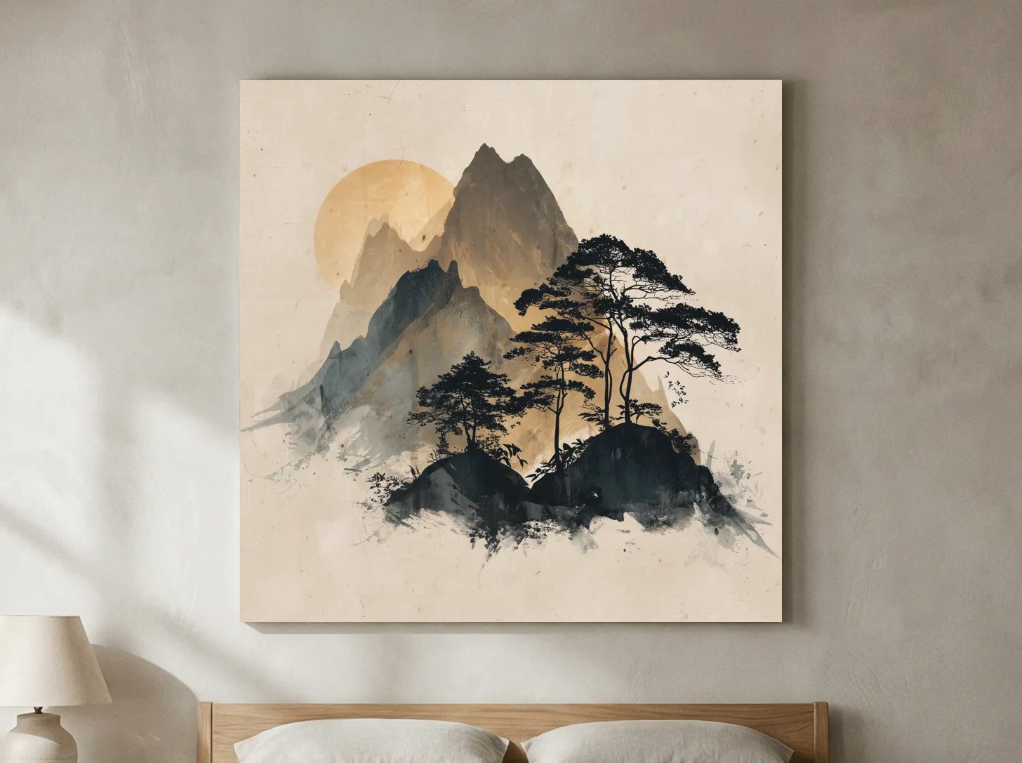 Zen Ink Wash Mountain Sunrise - Minimalist Japanese Pine Landscape Wall Art