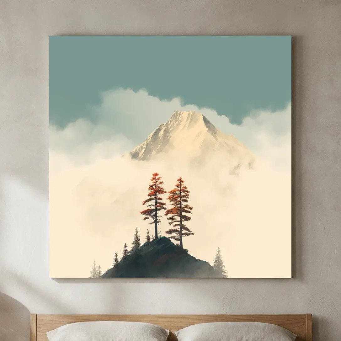 Misty Alpine Peak With Autumn Pines - Minimalist Mountain Artwork