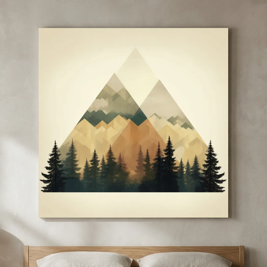 Geometric Mountain Peaks With Pine Forest - Minimalist Scandinavian Alpine Artwork