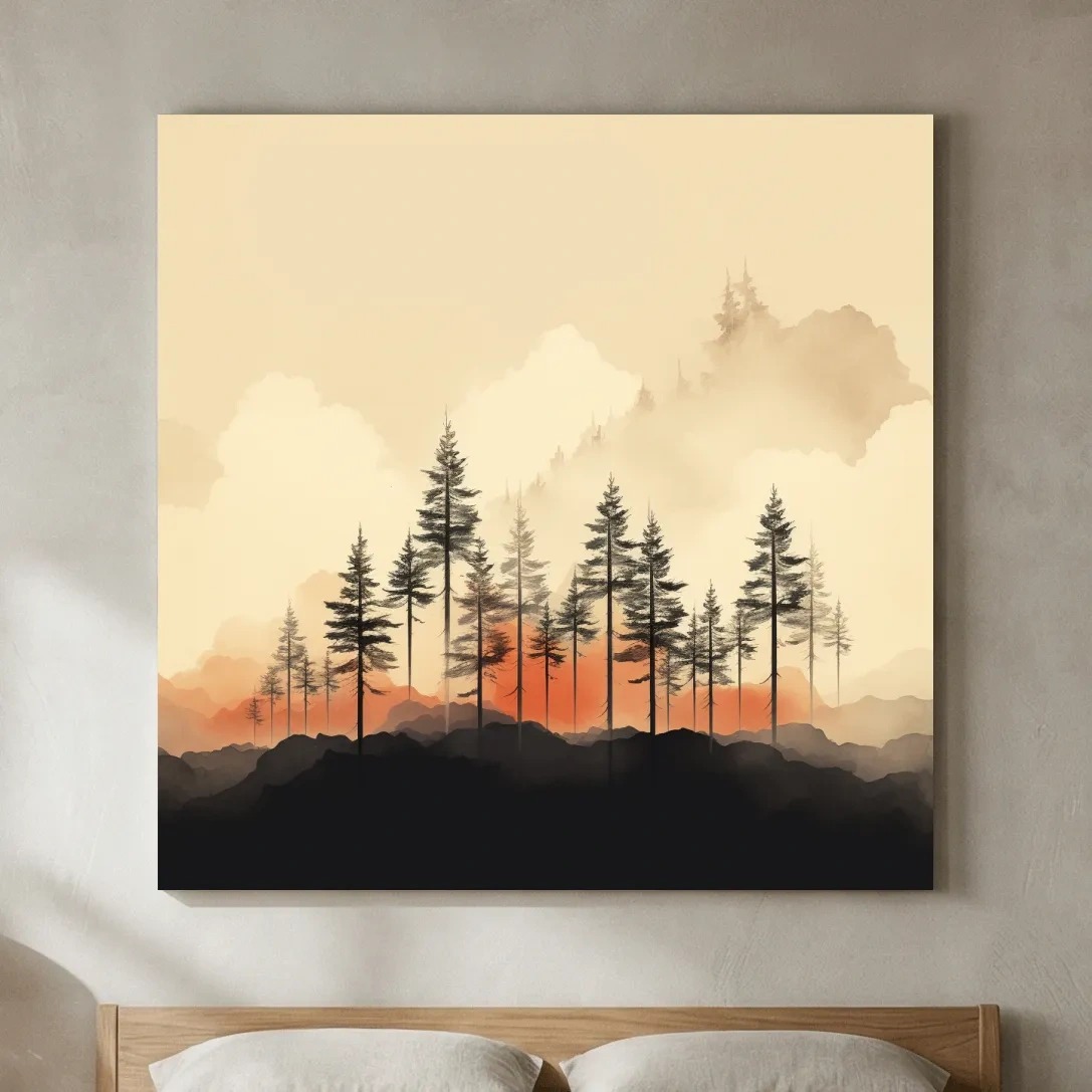 Misty Pine Forest Silhouettes At Sunrise - Minimalist Watercolor Mountain Wall Art
