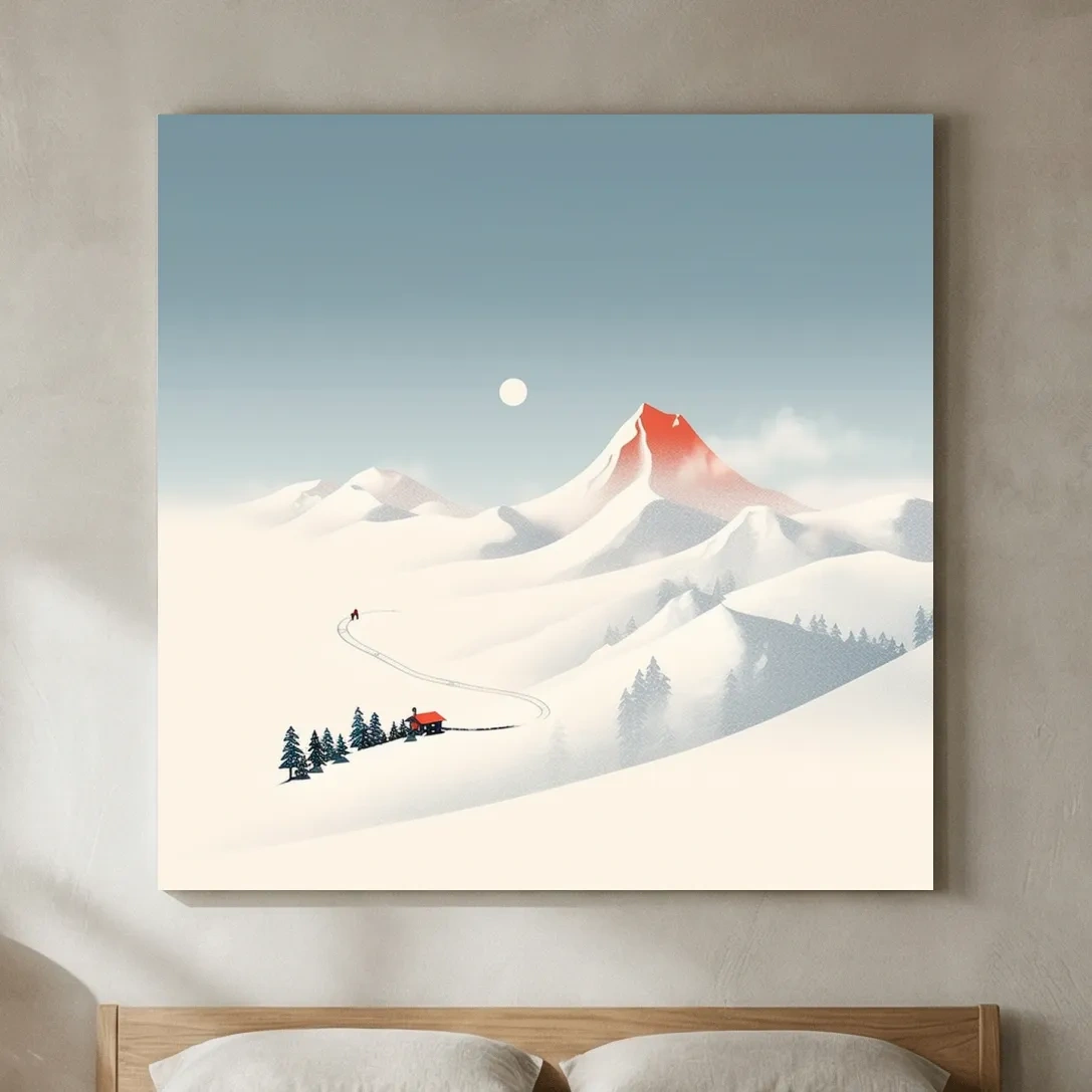 Minimalist Snowy Mountain Cabin Landscape - Nordic Winter Wall Art