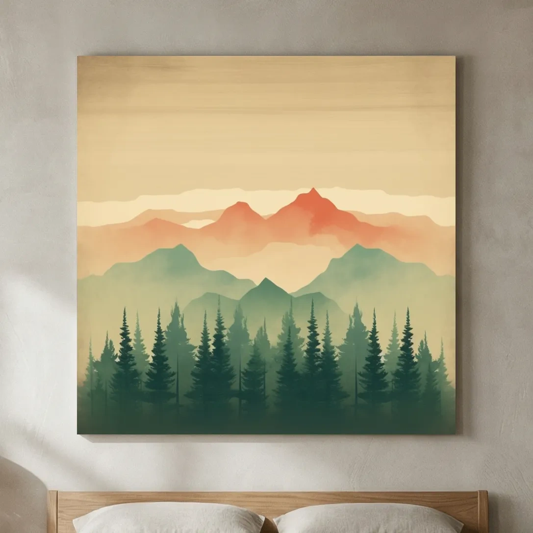 Misty Watercolor Mountain Range Sunrise - Pine Forest Landscape Artwork