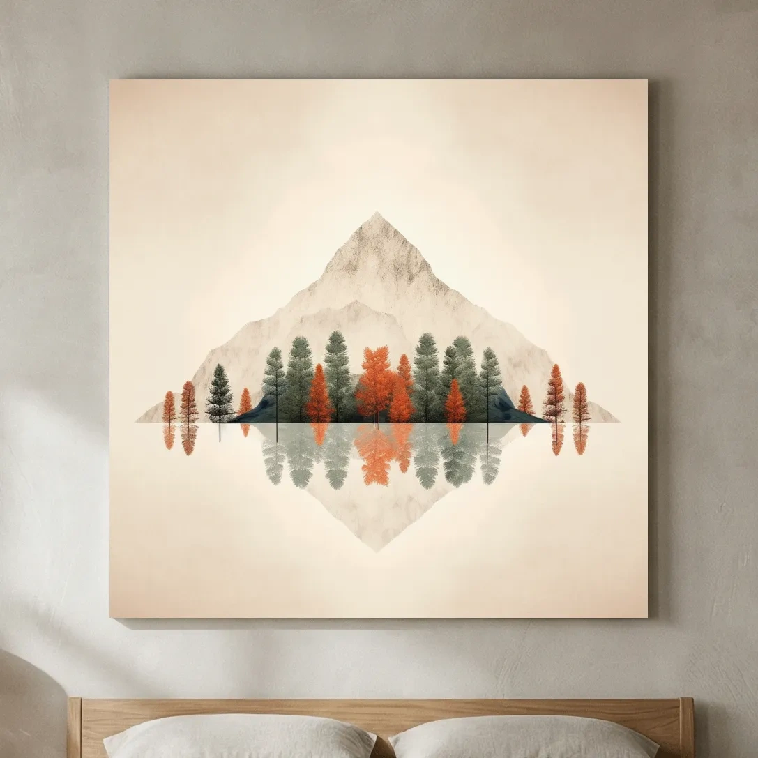Minimalist Minimal Mountain Lake Reflection Painting - Autumn Pine Forest Artwork