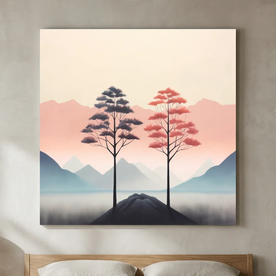 Minimalist Twin Pine Trees Landscape - Serene Pastel Mountain Lake Wall Art