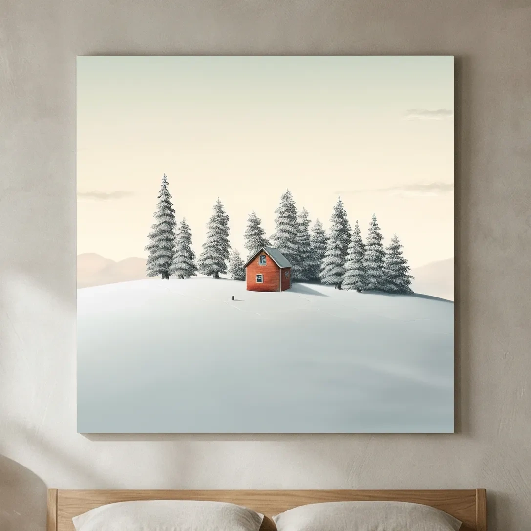 Minimalist Snowy Cabin In Pine Forest - Serene Winter Landscape Wall Art