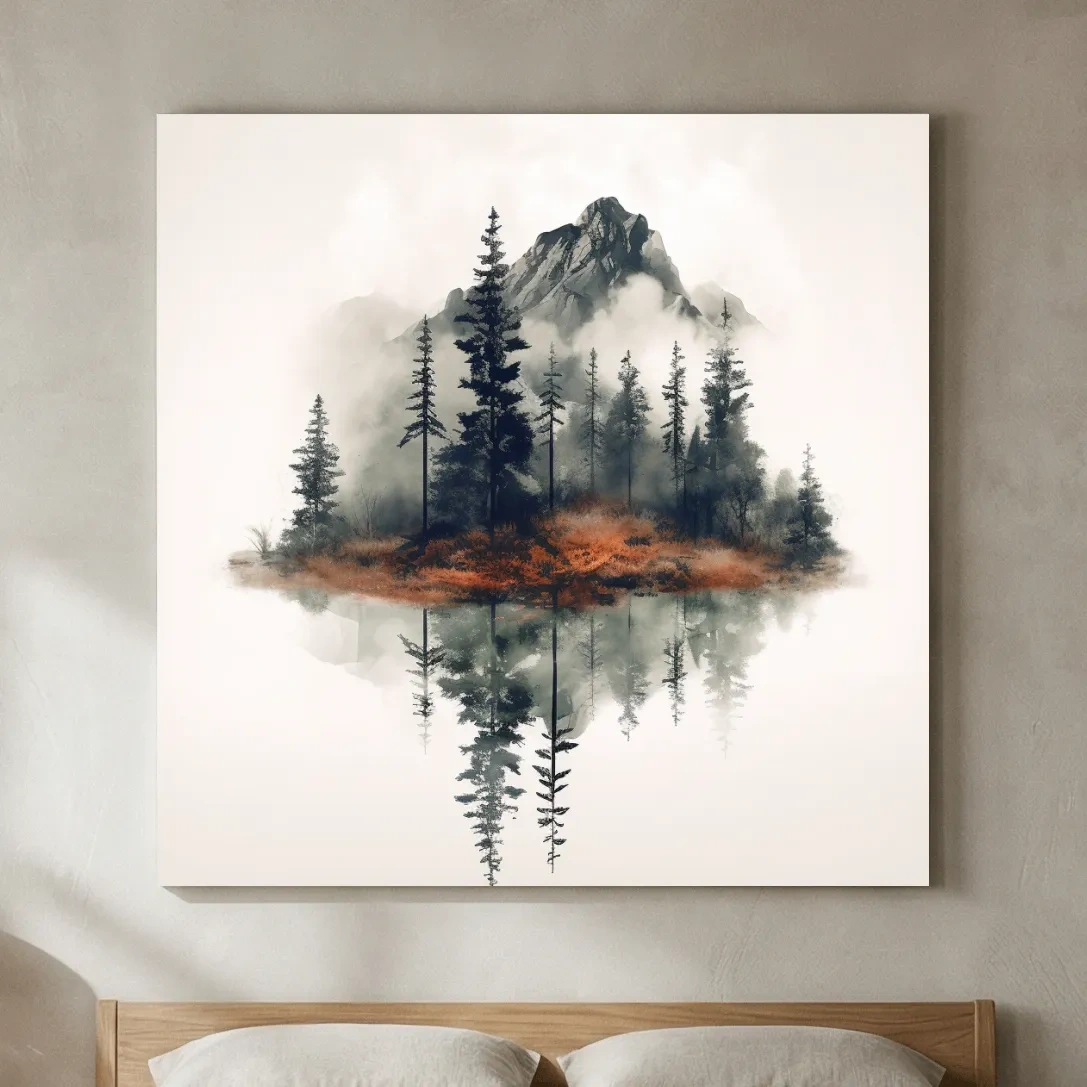 Minimalist Mountain Lake Reflection Watercolor - Moody Pine Forest Landscape Wall Art