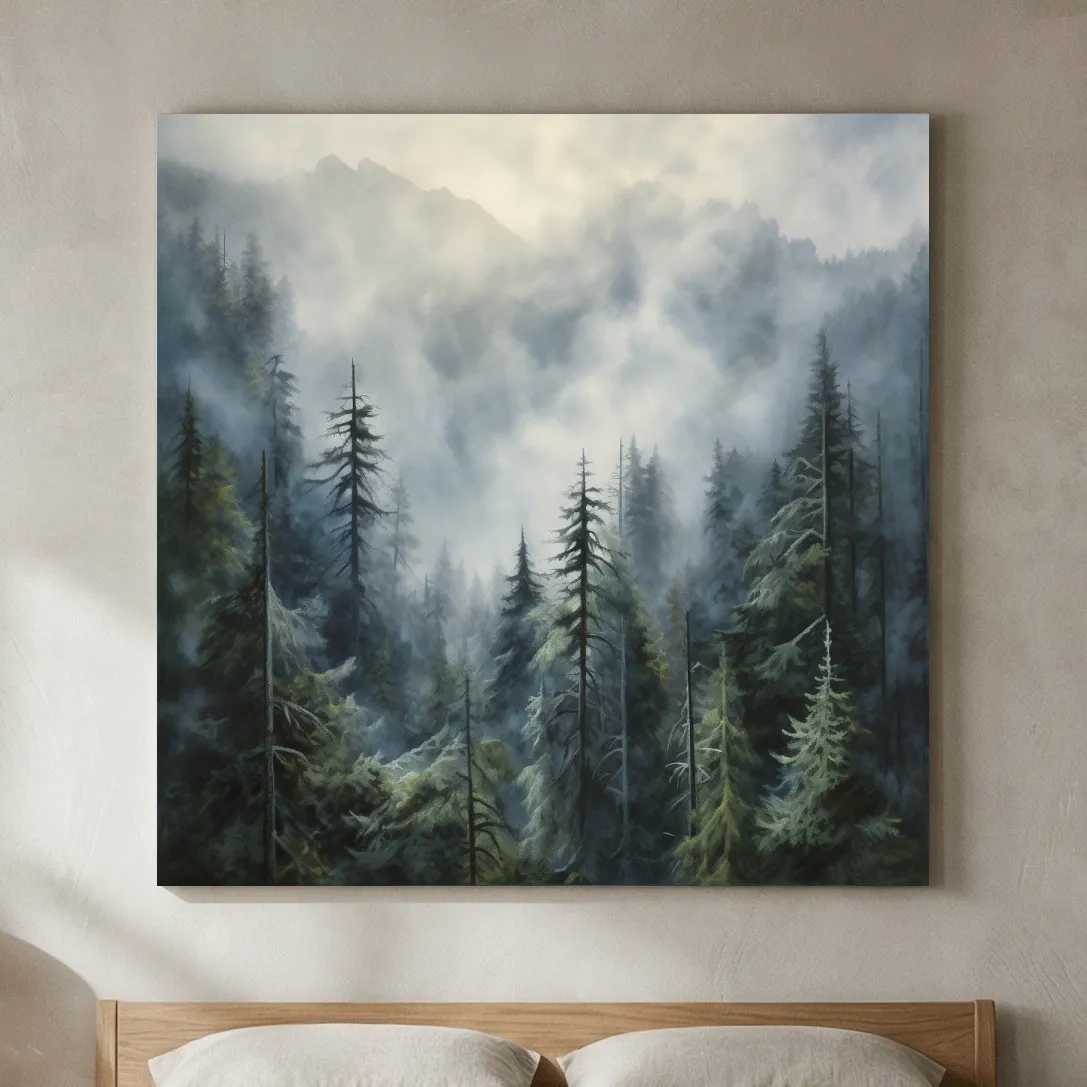 Moody Misty Pine Forest Mountains - Atmospheric Landscape Painting Wall Art