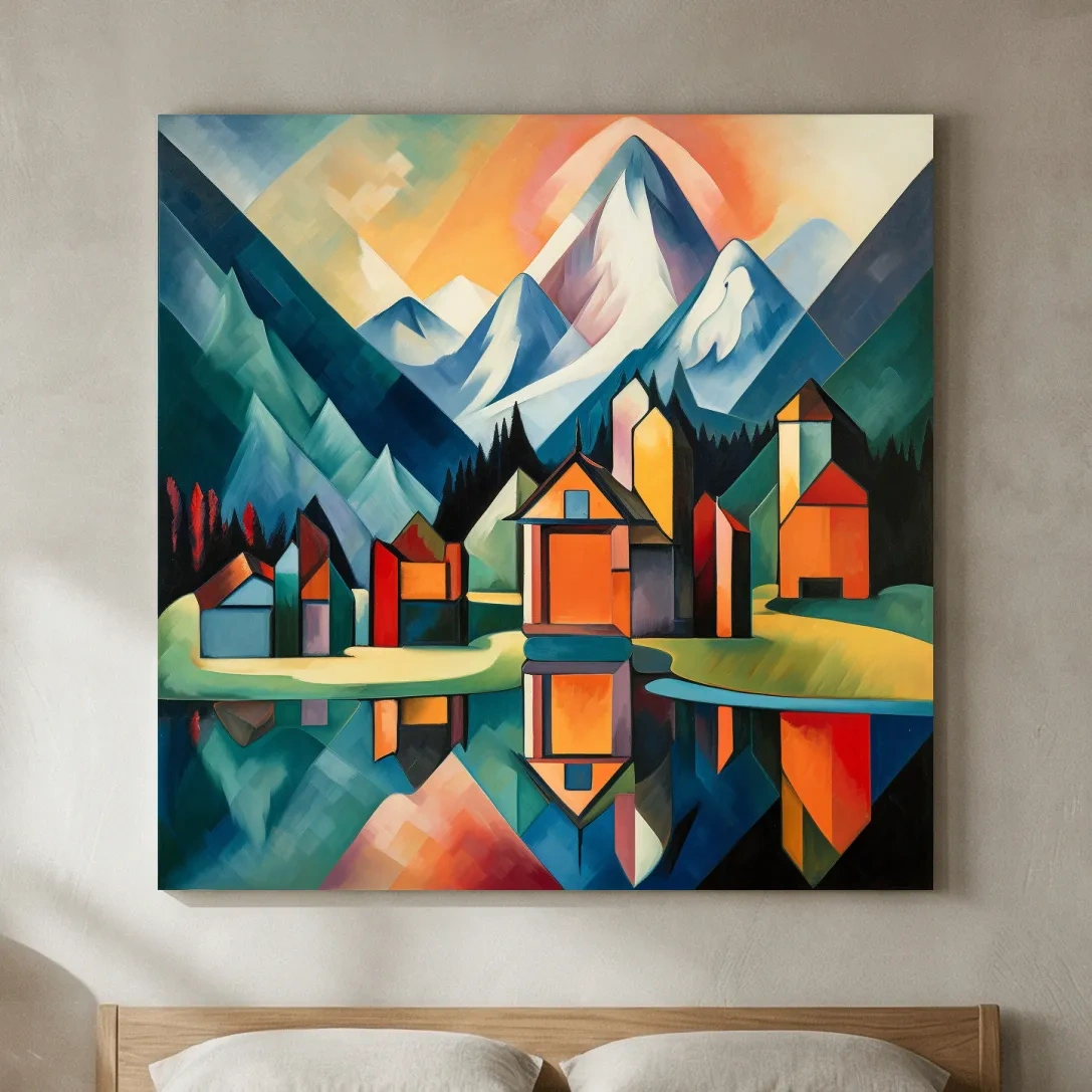 Colorful Geometric Alpine Village Lake Painting - Modern Abstract Mountain Wall Art