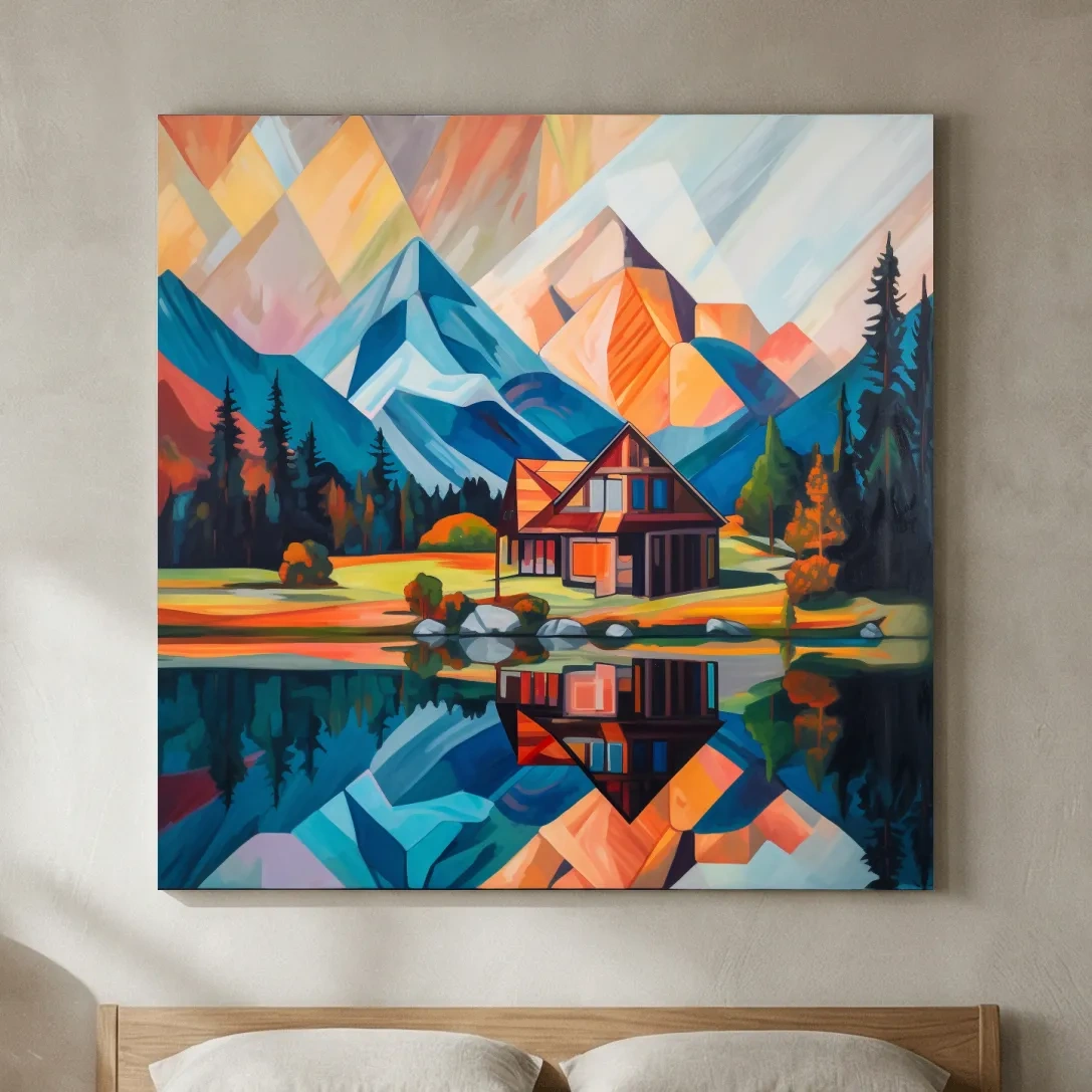 Vibrant Geometric Mountain Cabin Lake Reflection - Abstract Sunrise Wall Art