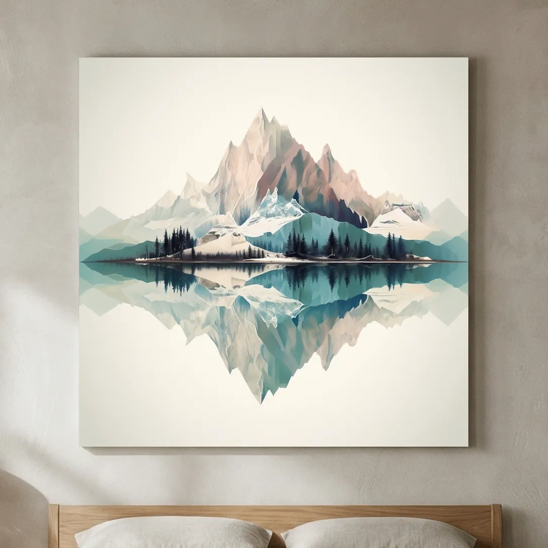 Minimalist Alpine Mountain Lake Reflection - Serene Pastel Watercolour Wall Art