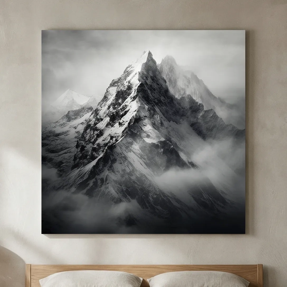 Moody Monochrome Snowcapped Mountain Peaks - Photographic Alpine Wall Art