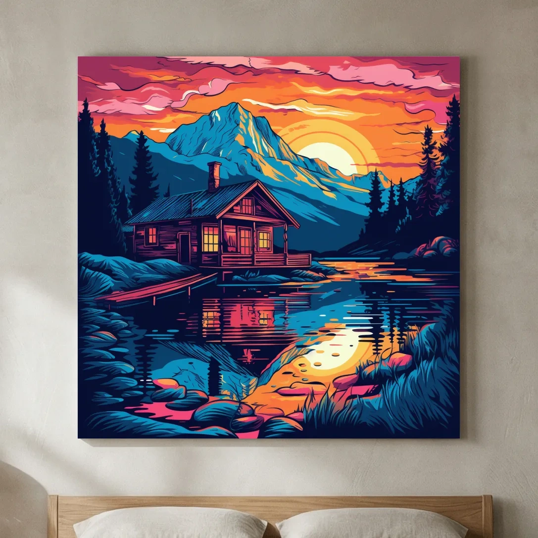 Vibrant Retro Alpine Lake Cabin Sunset - Vector Mountain Wall Art