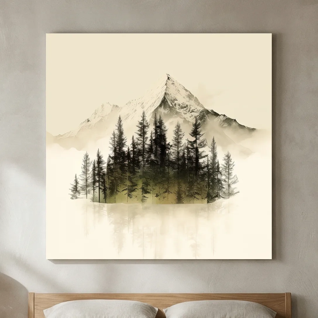 Misty Alpine Mountain Pine Forest Artwork - Minimalist Landscape Wall Art
