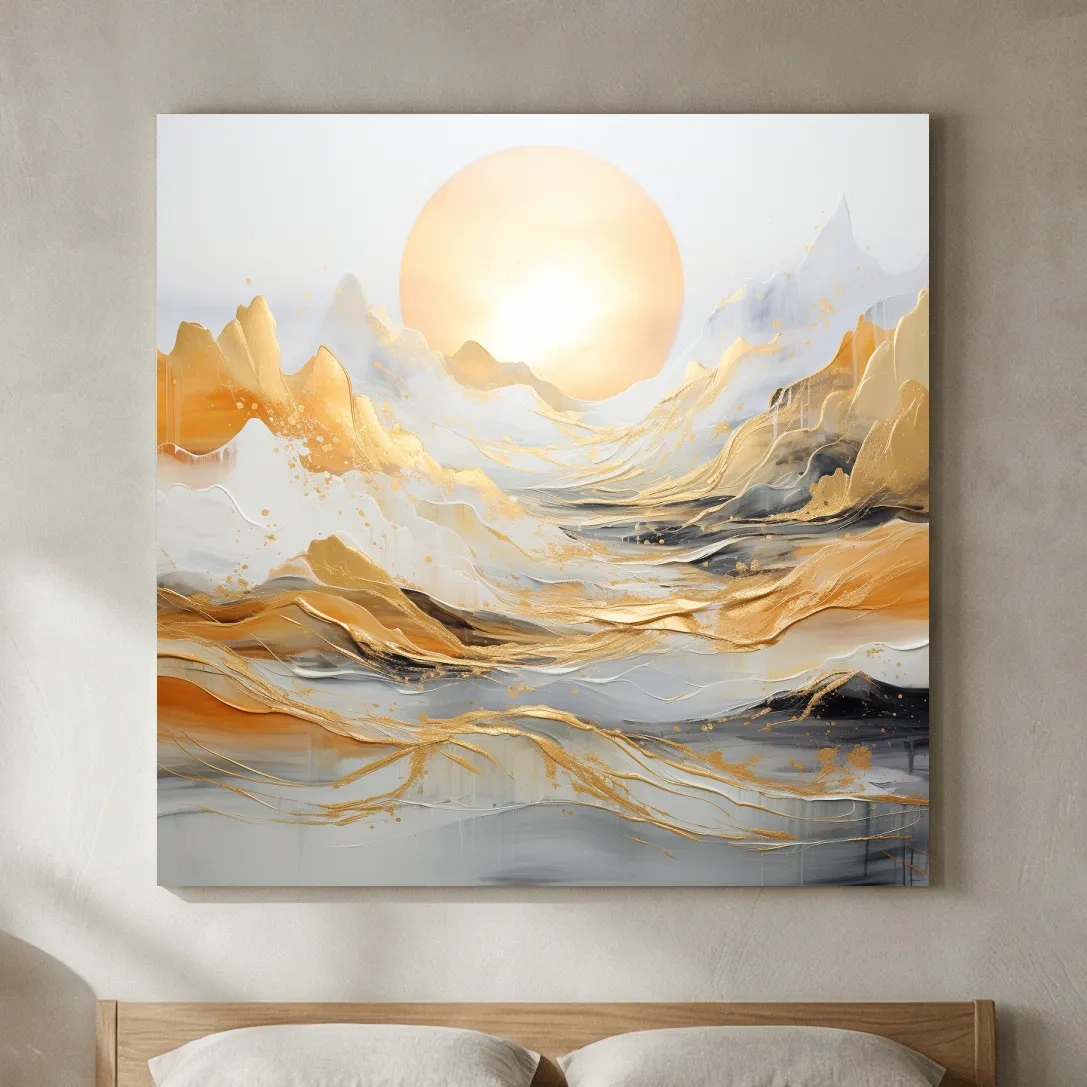 Abstract Golden Sunrise Mountain Landscape - Modern Golf Leaf Style Wall Art