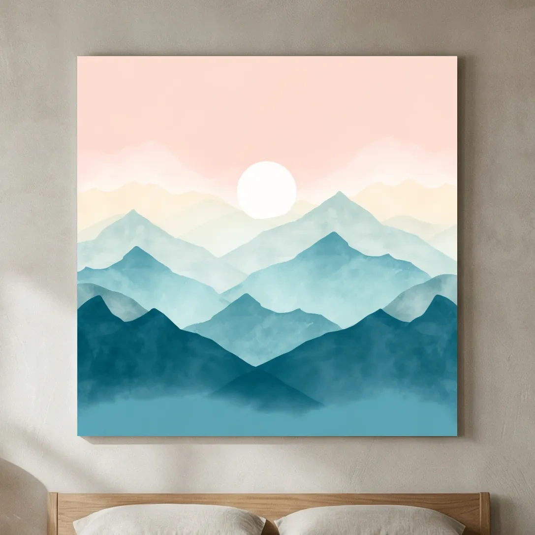 Minimalist Watercolor Misty Mountain Sunrise - Pastel Alpine Landscape Wall Art