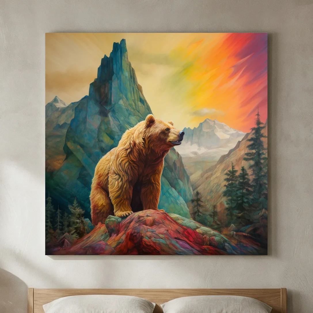 Majestic Grizzly Bear Mountain Landscape - Vibrant Painting Style Wildlife Wall Art