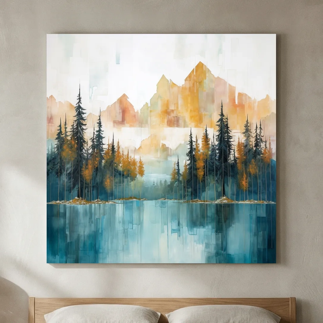Abstract Watercolor Alpine Lake Reflection - Misty Mountain Forest Wall Art