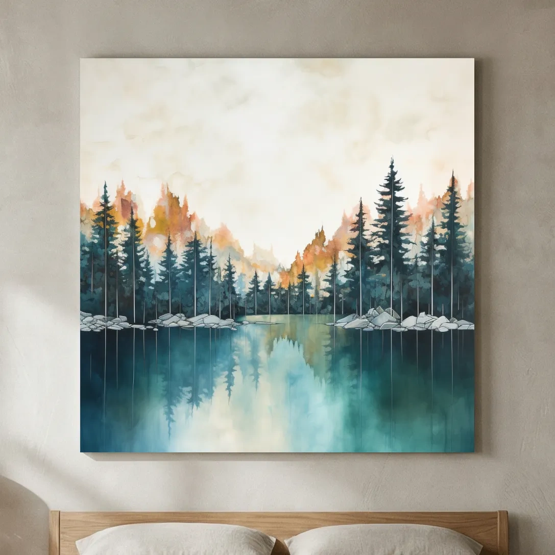 Misty Forest Lake Watercolor Painting - Serene Landscape Wall Art