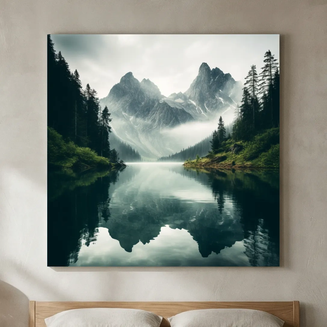 Misty Alpine Mountain Lake Reflection - Moody Pine Forest Photographic Wall Art