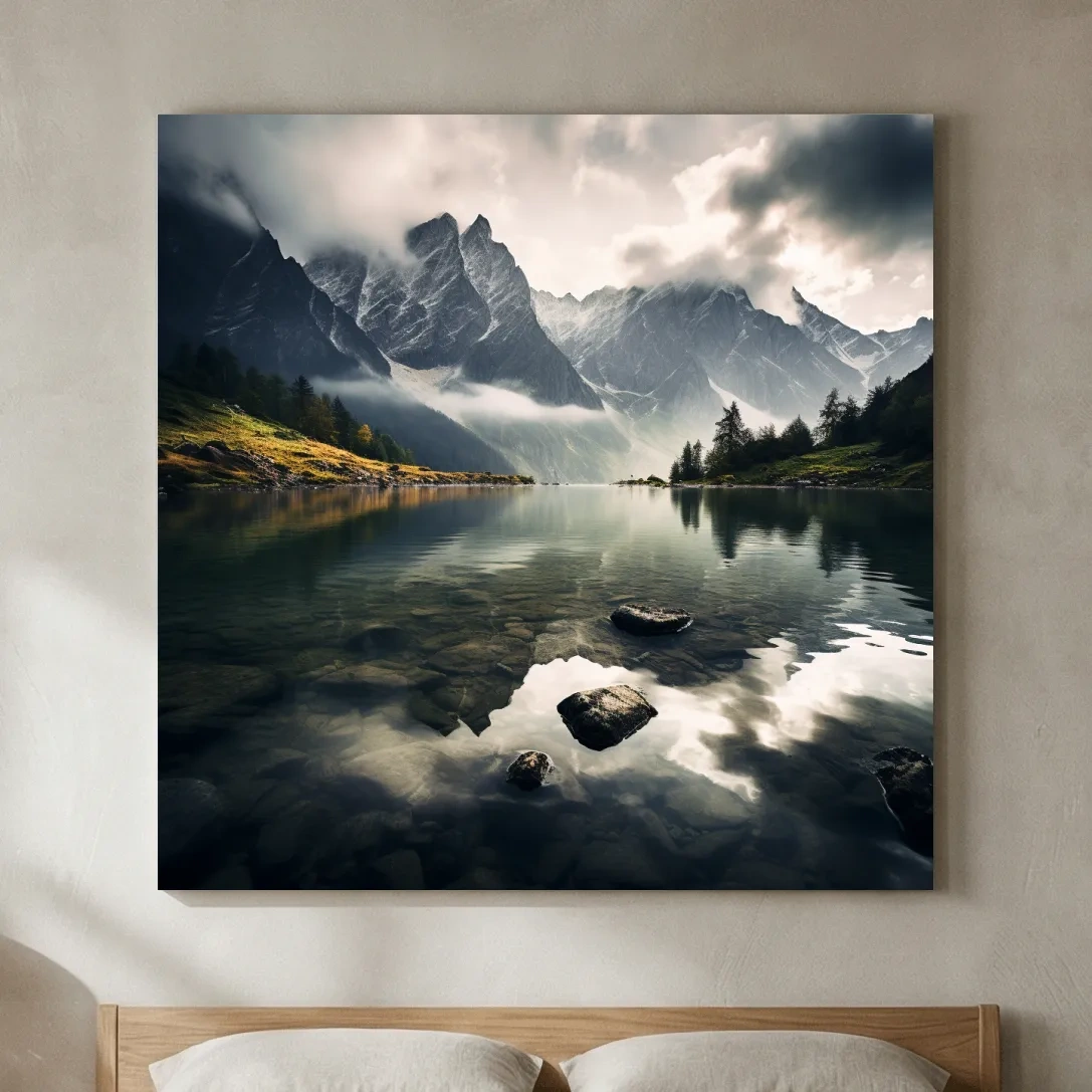 Moody Alpine Lake Reflection Photographic Print - Dramatic Landscape Wall Art