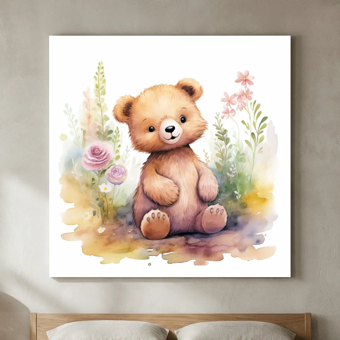Cute Watercolor Teddy Bear With Pastel Flowers - Nursery Animal Wall Art