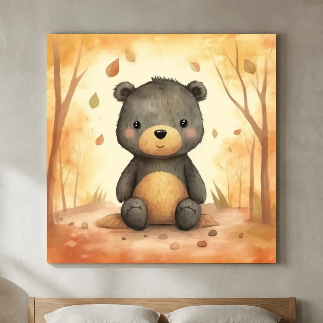 Cute Watercolor Teddy Bear Forest Illustration - Whimsical Nursery Wall Art