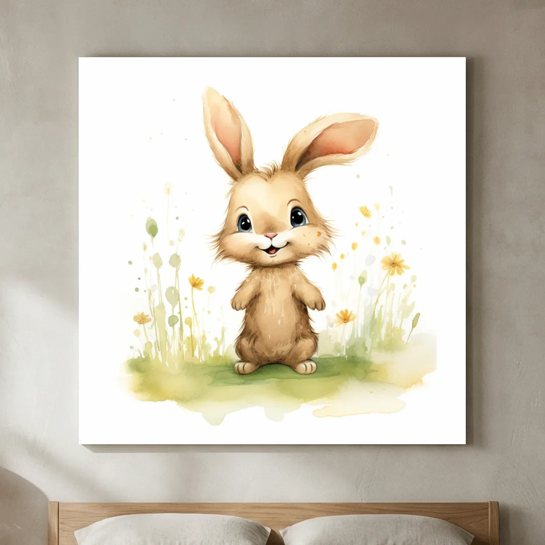 Cute Watercolor Bunny In Wildflowers - Whimsical Nursery Animal Wall Art