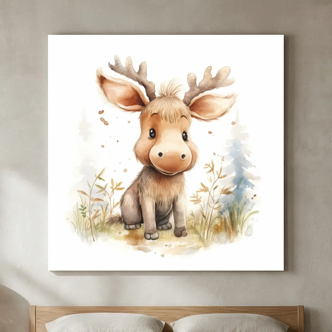 Cute Baby Moose Watercolor Illustration - Woodland Nursery Animal Wall Art