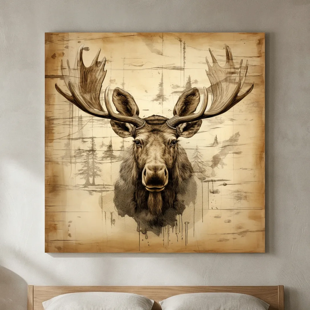 Rustic Sepia Moose Portrait Sketch - Vintage Lodge Wildlife Wall Art