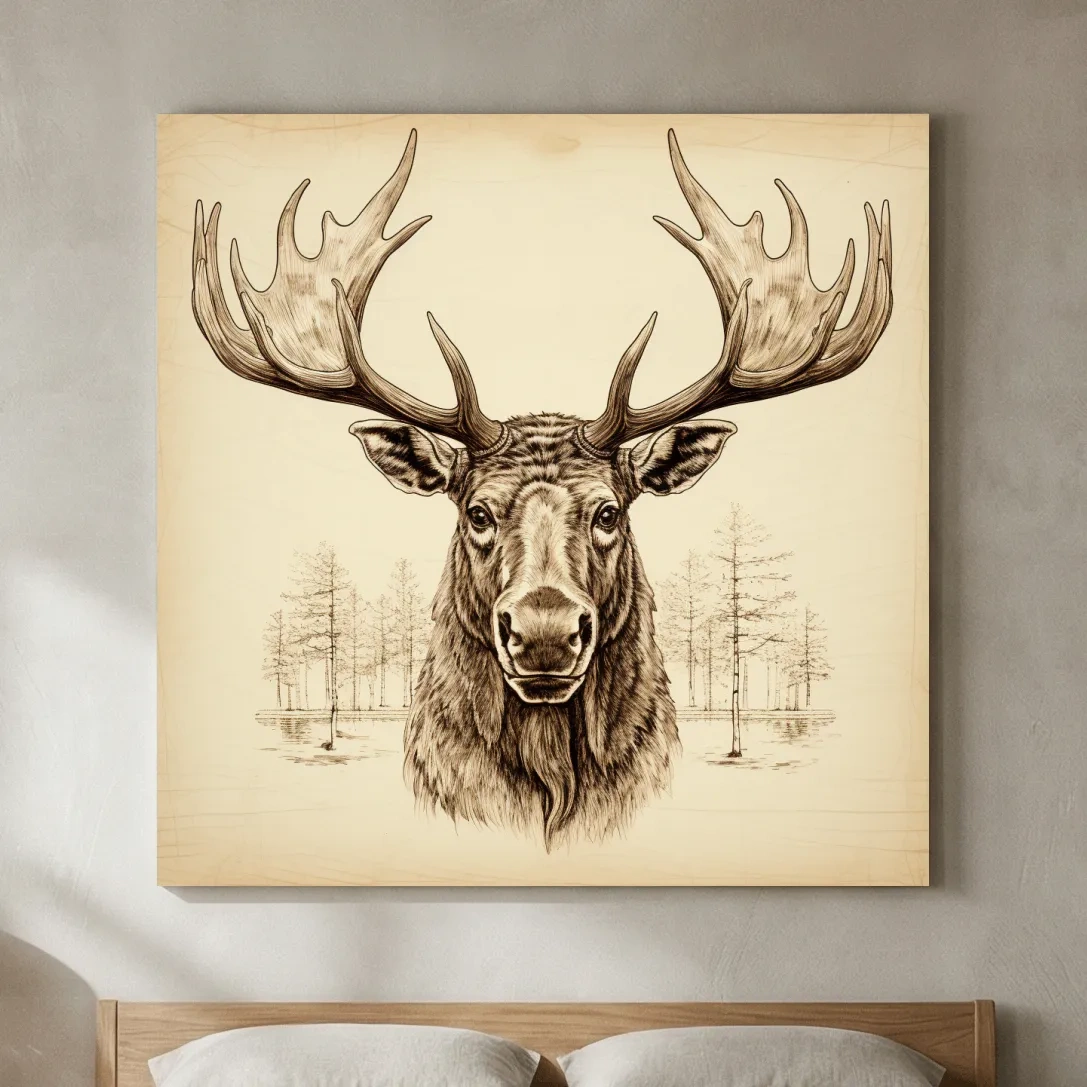 Rustic Sepia Moose Head Sketch - Vintage Woodland Wildlife Wall Art