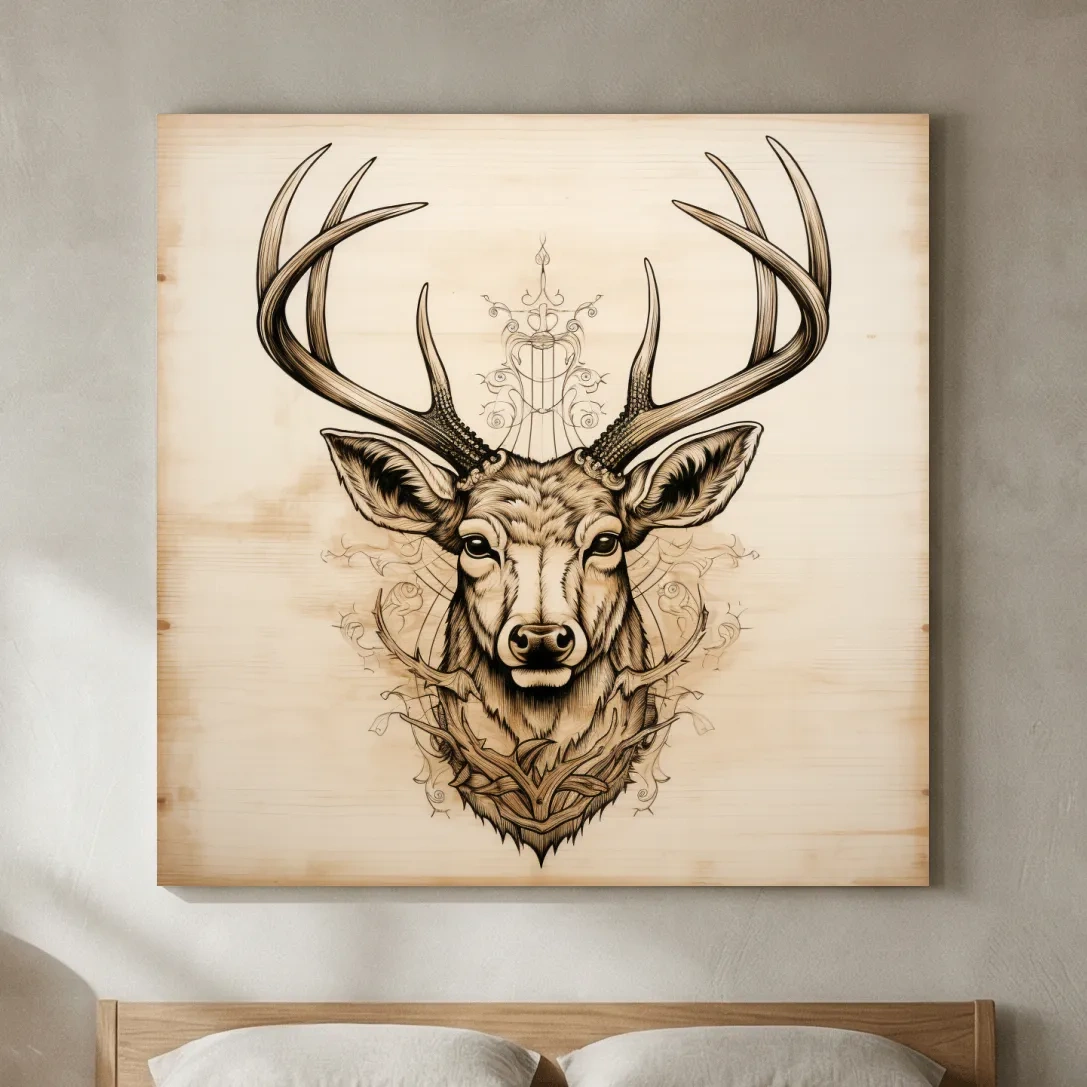 Ornate Deer Head on Wood Sketch Illustration - Rustic Wildlife Wall Art