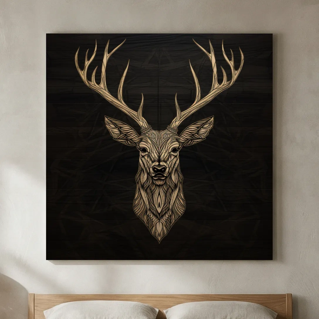 Elegant Geometric Deer Head Line Art - Rustic Woodcut Style Wildlife Artwork