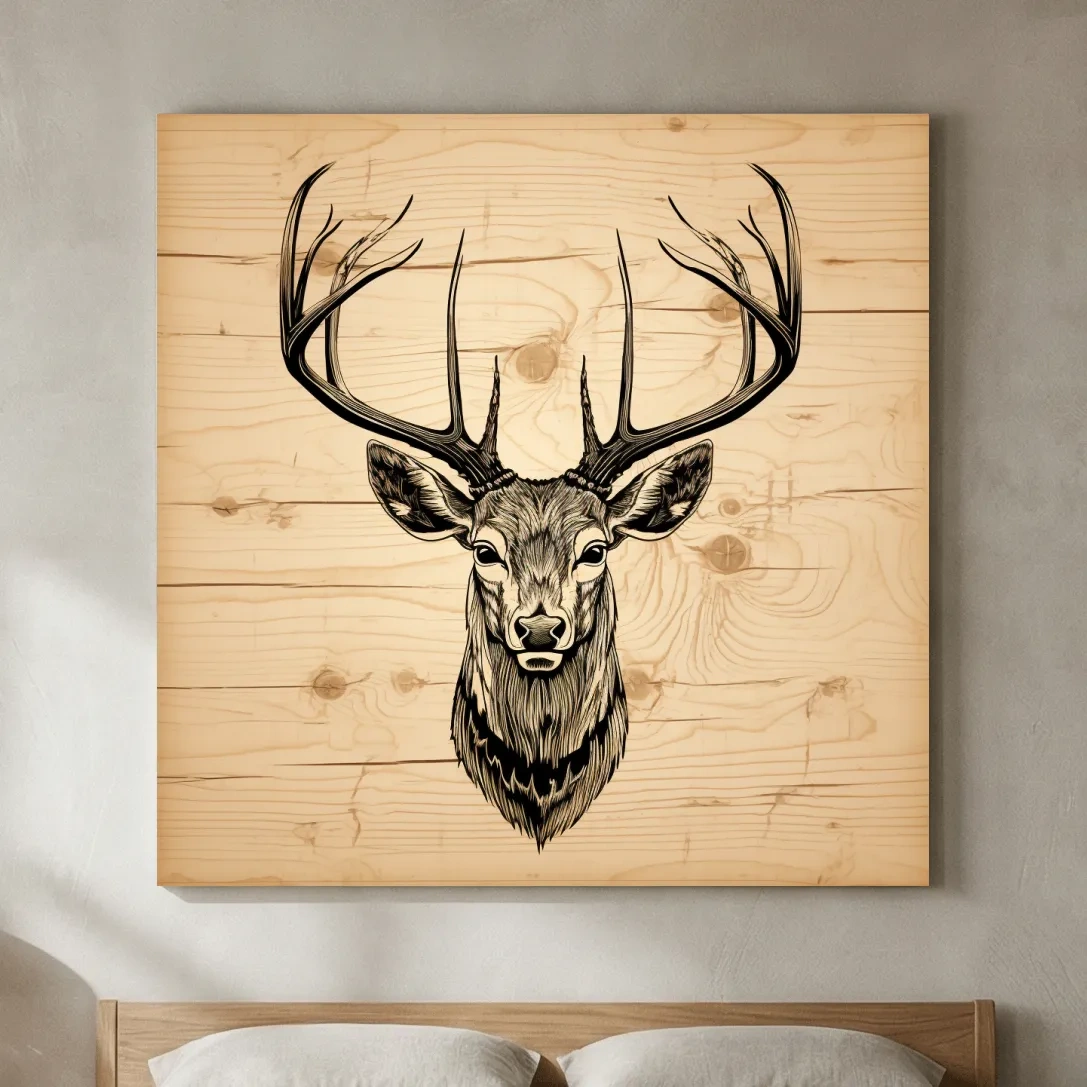 Rustic Engraved Wood Deer Head Illustration - Lodge Wildlife Wall Art