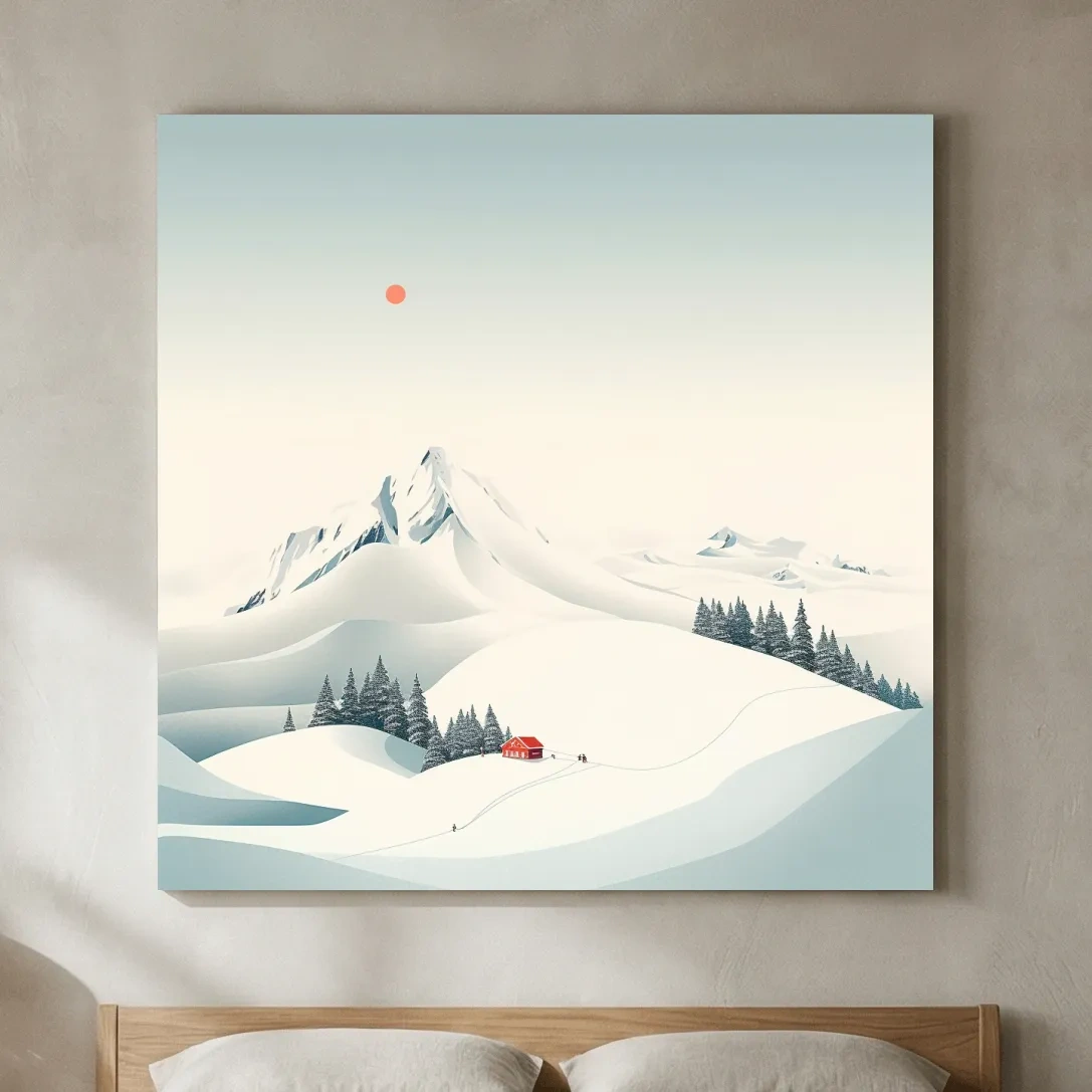 Minimalist Snowy Mountain Cabin Landscape - Winter Wall Art