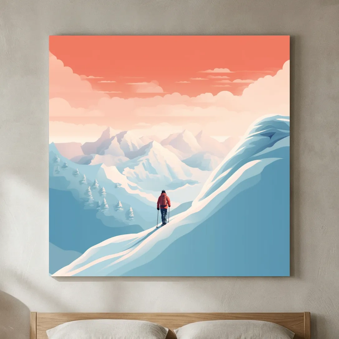 Minimalist Backcountry Skier Illustration - Pastel Alpine Landscape Wall Art