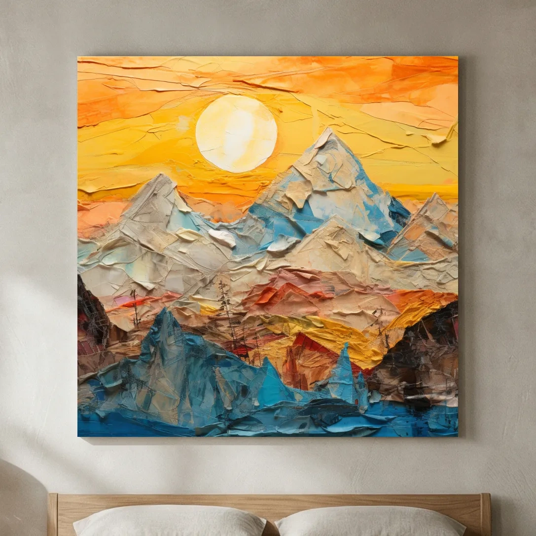 Collage Mountain Sunrise Painting - Warm Abstract Landscape Wall Art