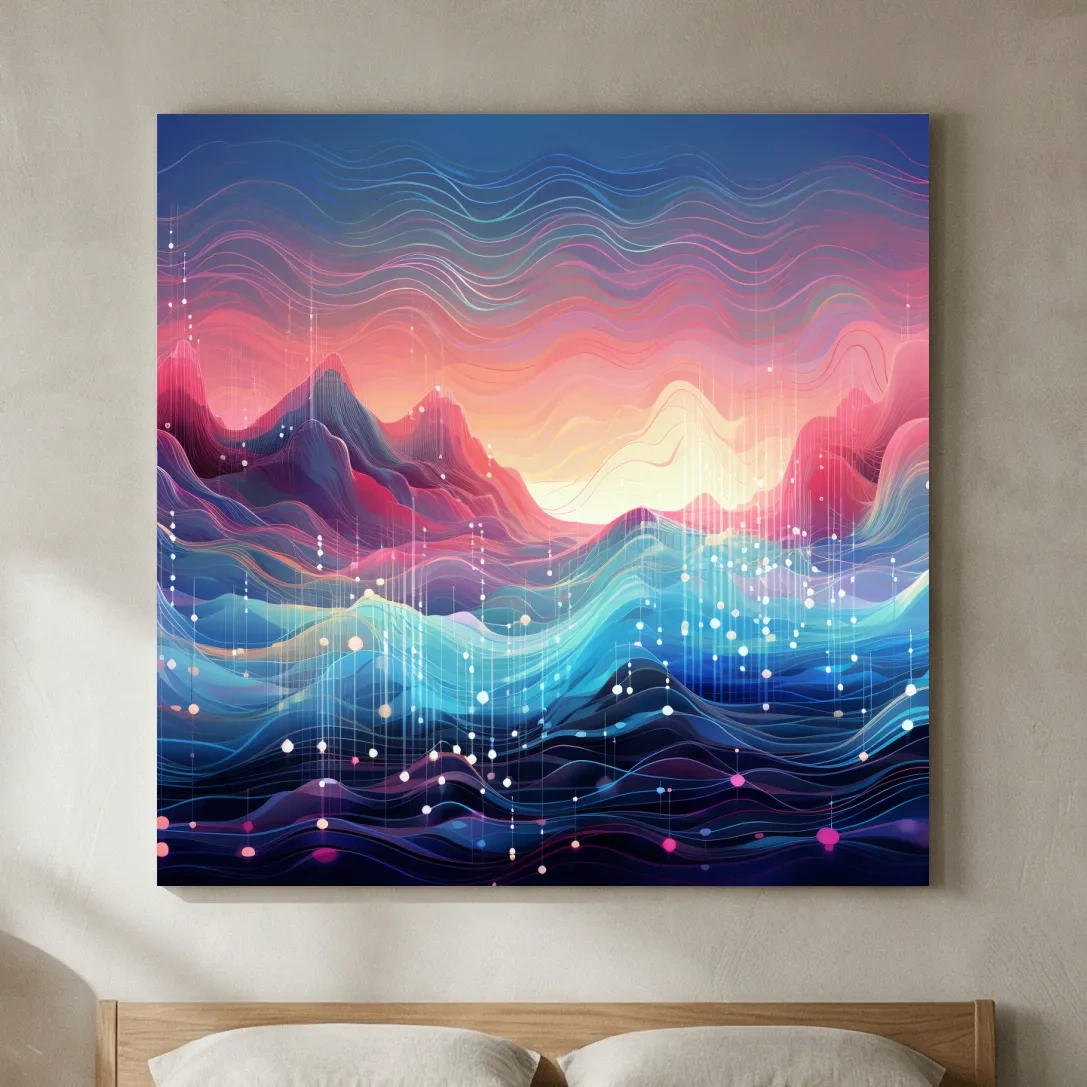 Funky Abstract Soundwave Mountain Patterns - Neon Sunset Landscape Wall Art