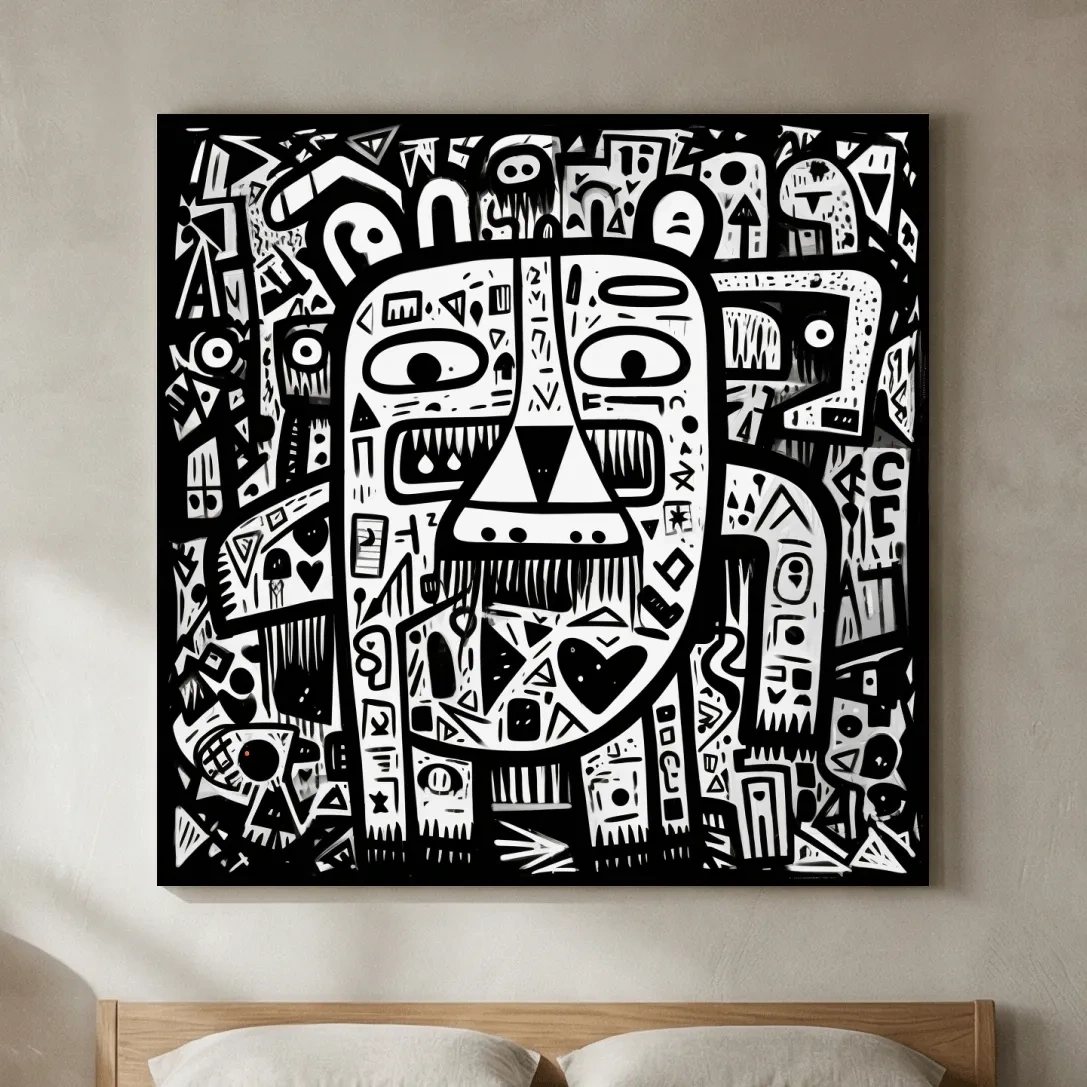 Abstract Black And White Graffiti Bear Doodle Art - Bold Geometric Animal Wall Art