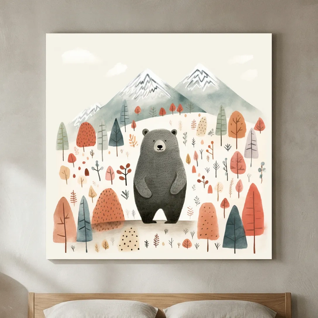 Cute Bear In Autumn Mountains - Scandinavian Nursery Woodland Animal Wall Art
