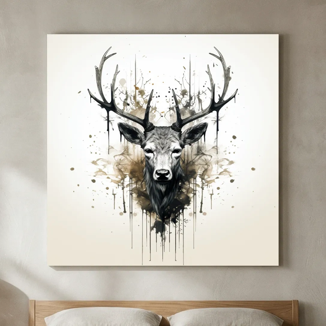 Watercolor Stag Portrait Rorschach Ink Splatter - Rustic Wildlife Artwork