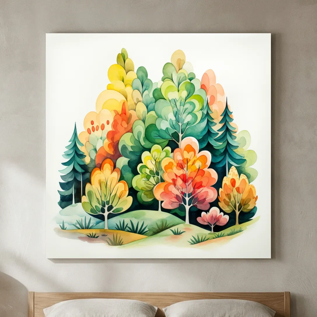 Whimsical Watercolor Forest Trees Illustration - Colorful Botanical Wall Art