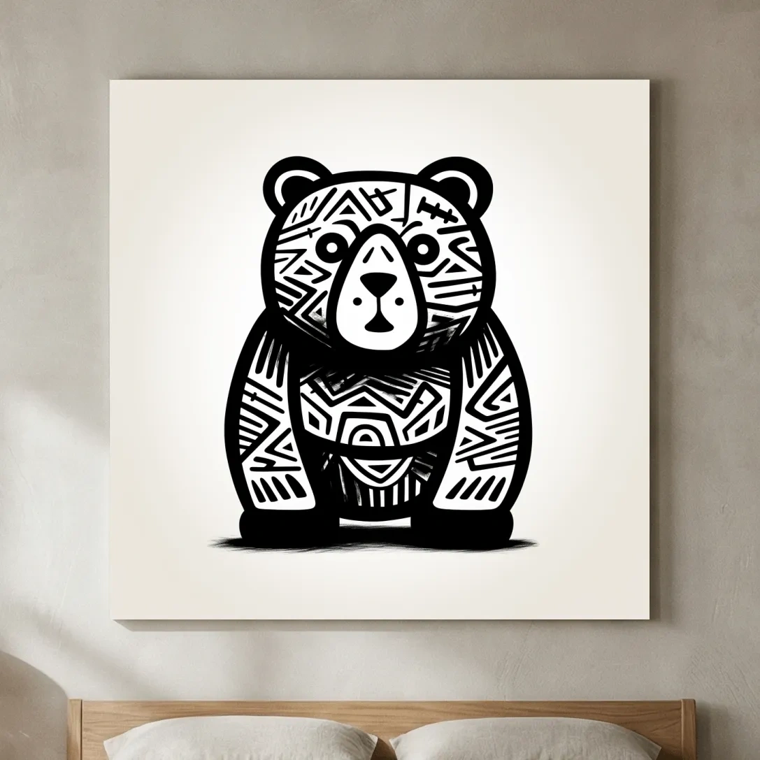 Tribal Pattern Bear Illustration - Quirky Black And White Animal Wall Art