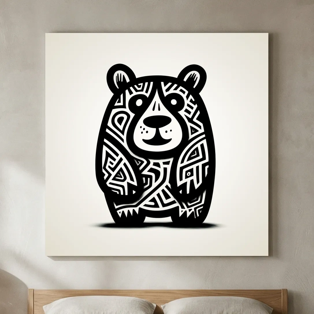 Tribal Cartoon Bear Illustration - Minimalist Black And White Wildlife Wall Art
