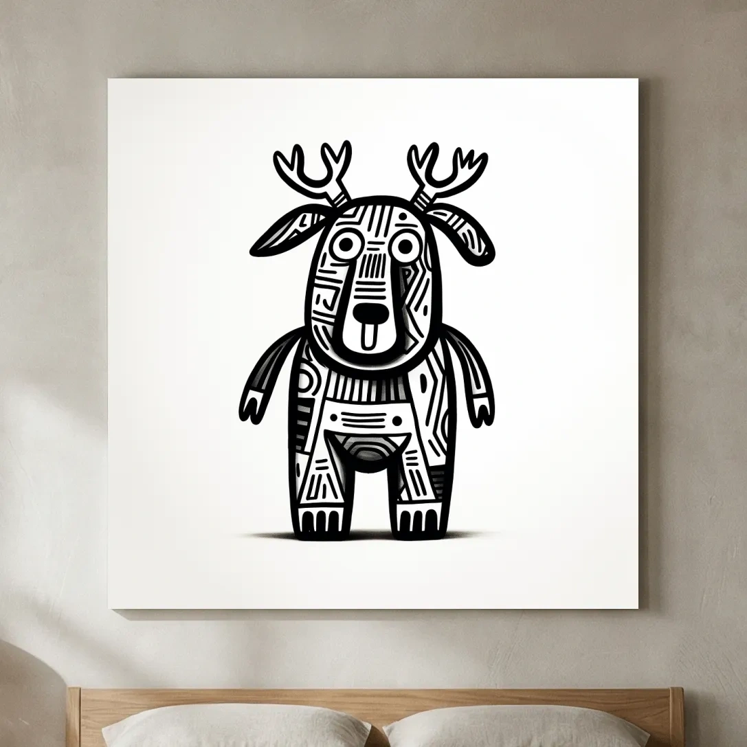 Whimsical Tribal Deer Illustration - Quirky Black And White Animal Wall Art
