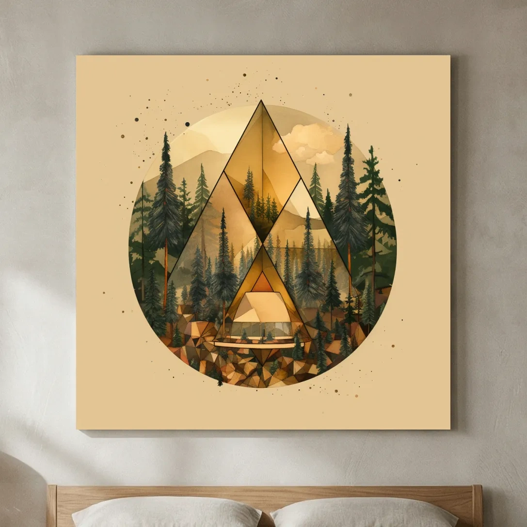 Geometric Mountain Cabin Forest Landscape - Modern Abstract Nature Wall Art
