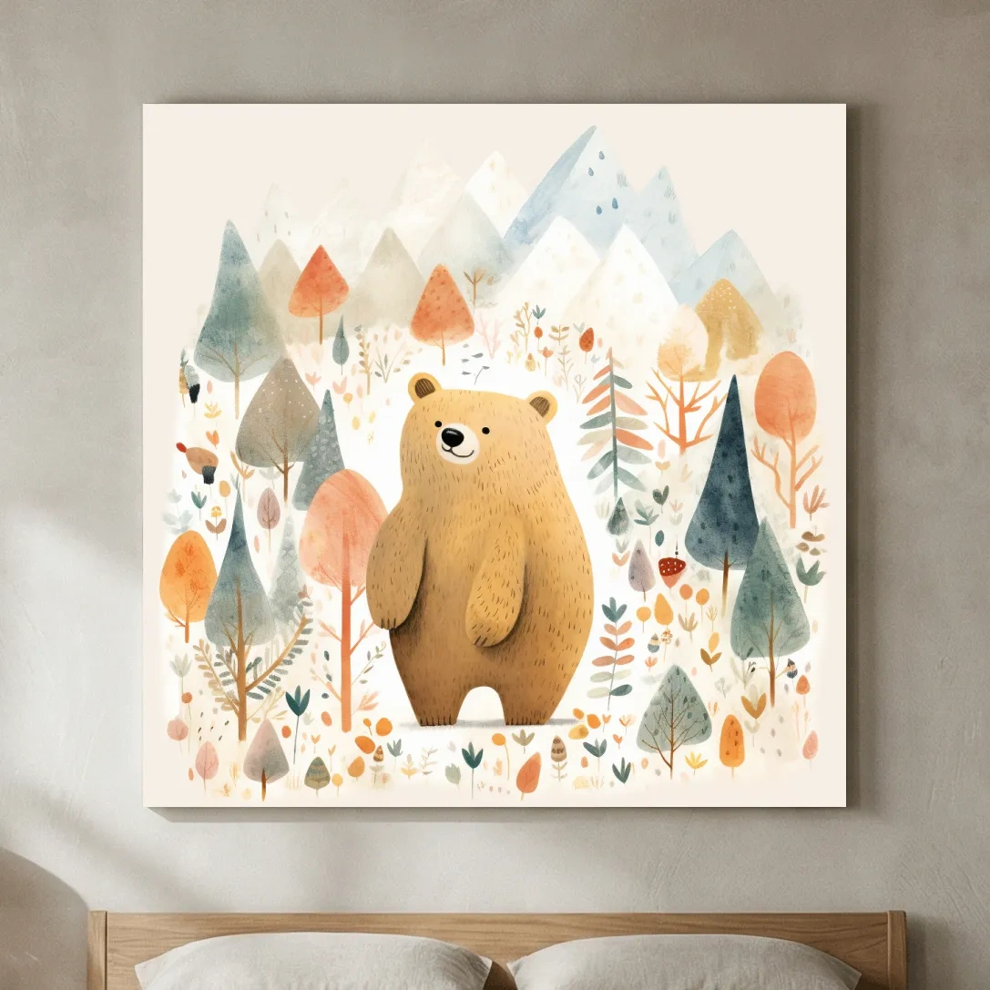 Cute Watercolor Bear In Mountain Forest - Whimsical Nursery Wall Art