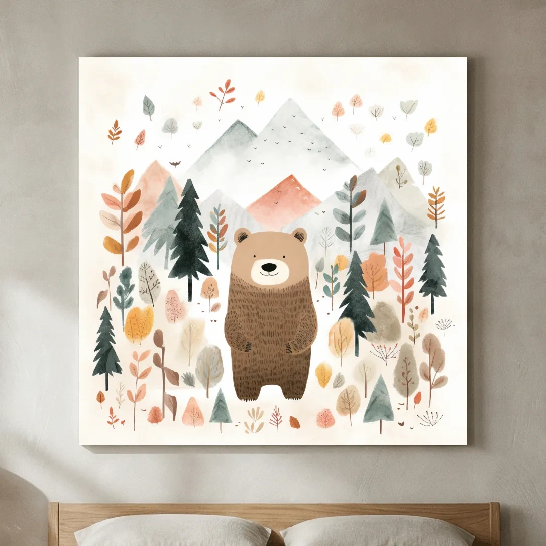 Cute Watercolor Bear Bear In Forest - Whimsical Mountain Nursery Wall Art